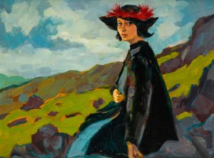 Gustaw Gwozdecki (1880-1935), Czerwone pióra - portret Dorelii McNeill, 1911 r.