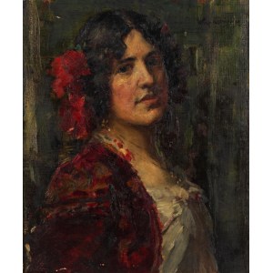 Henryk Rauchinger (1858-1942), Portret damy z czerwonymi kwiatami we włosach