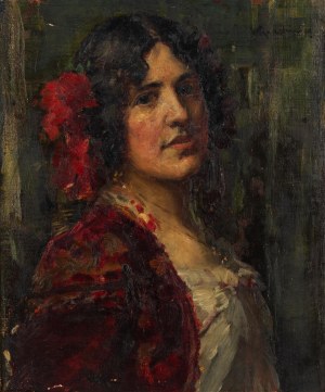 Henryk Rauchinger (1858-1942), Portret damy z czerwonymi kwiatami we włosach