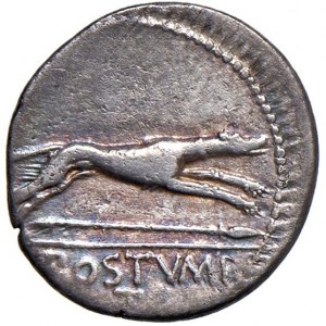 Postumia - C. Postumius - Denár (74 pred n. l.) Busta Diany v...