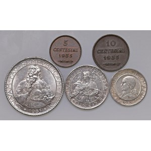 SAN MARINO 20, 10, 5 Lire, 10 e 5 Centesimi 1935 - AG, CU Lo...