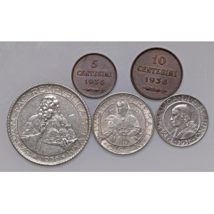 SAN MARINO 20, 10, 5 Lire, 10 und 5 Centesimi 1936 - AG, CU Lo...