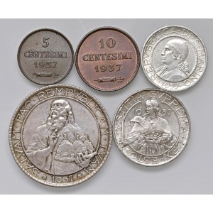 SAN MARINO 20, 10, 5 Lire, 10 e 5 Centesimi 1937 - AG, CU Lo...