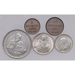 SAN MARINO 20, 10 e 5 Lire, 10 e 5 Centesimi 1937. Lotto di ...