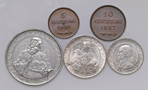 SAN MARINO 20, 10 and 5 Lire, 10 and 5 cents 1937. Lot of ...