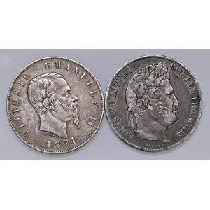 Lotto di due monete: 5 Lire 1871 M e Francia, 5 Franchi 1838...