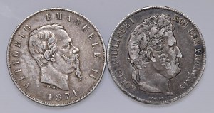 Lot of two coins: 5 Lire 1871 M and France, 5 Francs 1838...