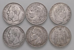 FRANCE - BELGIUM Lot of six 5 francs in AG as pictured. ...