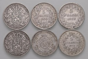 FRANCE - BELGIUM Lot of six 5 francs in AG as pictured. ...