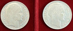 FRANCJA 20 franków 1933 i 1938 - AG Lot dwóch monet jak ...