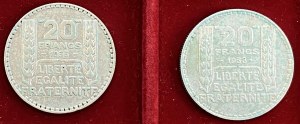 FRANCJA 20 franków 1933 i 1938 - AG Lot dwóch monet jak ...