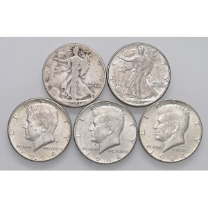 USA Mezzo dollaro 1941, 1942 e 1964 (3) AG Lotto di cinque m...