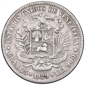 VENEZUELA 5 Bolivares 1929 - KM Y24.2 AG (g 24.72)...