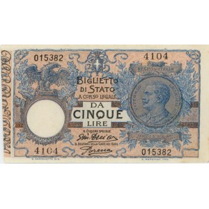 BILLETS D'ÉTAT 5 Lire 29/07/1918 Vittorio Emanuele III -...