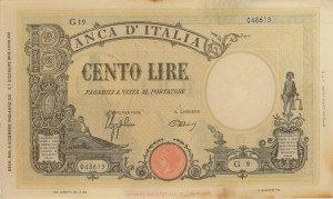 BANK OF ITALY 100 Lire 09/12/1942 Velký paprsek B - Gig. BI...
