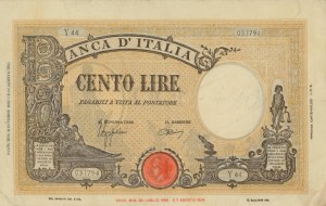 BANK OF ITALY 100 Lire 08/10/1943 Large B - Gig. BI 24A Pi...