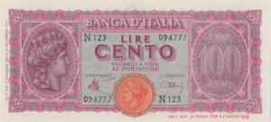 BANK OF ITALY 100 Lire 10/12/1944 Italy turrita - Gig. BI ...