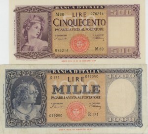 BANK OF ITALY 1,000 Lire 10/02/1948 Italy Medusa; 500 Lire...