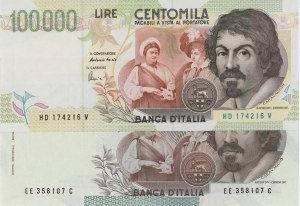BANK OF ITALY 100,000 Lire 1992 Caravaggio, 50,000 Lire 199...