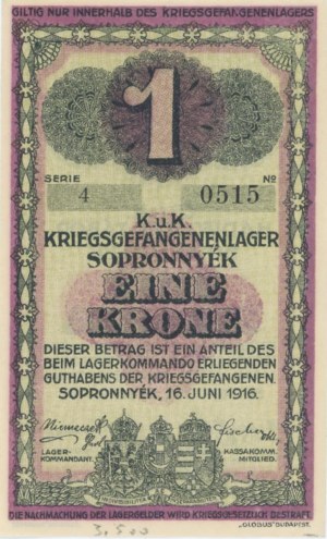 RAKOUSKO Pow Camp WWI - 1 Krona 1916 Sopronnyek mati...