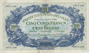 BELGIUM 500 Francs - 100 Belgas 16/07/1930 pick #103a written...