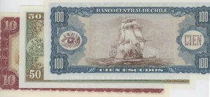 CHILE lot of 3 banknotes: 10 Escudos 1964 pick#139 + 50 Es...