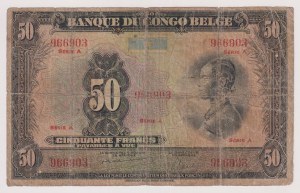 Belgické Kongo - 50 franků z let 1943/52. Rozsáhlé záhyby velmi...