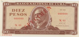 CUBA 10 Pesos 1968 specimen pick#104s number in pencil...