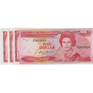CARAÏBES ORIENTALES Lot de 4 billets de 1$ numérotés au crayon...