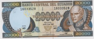 ECUADOR 20000 Sucres 1997 pick#129b pencil number...