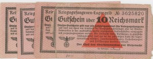 GERMANY 10 Reichsmark Pow WWII batch of 4 tickets...