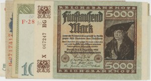NĚMECKO 1907-1933 Sada 5 bankovek od 10 do 5000 marek...