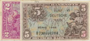 GERMANY 1948 lot of 2 tickets: 2 Mark pick#3 + 5 Mark p...