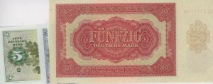 GERMANY DDR lot of 5 tickets: 50 Mark 1955 + (5 + 10 + ...