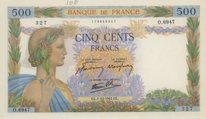 France - 500 Francs Pax 01/10/1942 - Pick #95b Number write...