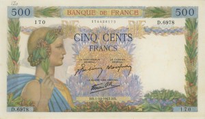 France - 500 Francs Pax 01/10/1942 - Pick #95b Number write...
