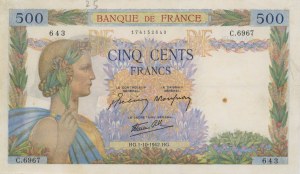 France - 500 Francs Pax 01/10/1942 - Pick #95b Number write...