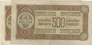 JUGOSLAVIA lot of 2 banknotes: 500 Dinara 1944 pick#54b + ...
