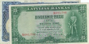 LATVIA lot of 2 banknotes: 50 Latu 1934 pick#20a + 25 La...