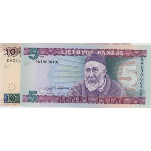 LITUANIA lotto di 2 biglietti 1993: 5 Litai pick#55a + 10 Li...