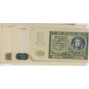 POLSKO Sada 3 bankovek: 5 Zlotých 1941 pick#101 + 50 Z...