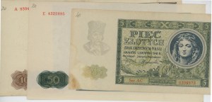 POLAND lot of 3 banknotes: 5 Zlotich 1941 pick#101 + 50 Z...