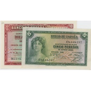ESPAGNE lot de 2 billets 1935 : 5 Pesetas pick#85 + 10 Pes...