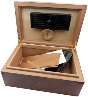 Wooden cigar box. Hygrometer and cigar box with two...