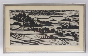 Tadeusz Kobak (1927 - 2015), Grafika - pejzaż z widokiem na miasto, 1977 r.