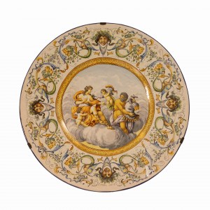 Manifattura Mollica, Naples fin du 19ème siècle, Assiette en céramique historiée à décor polychrome par Achille Mollica