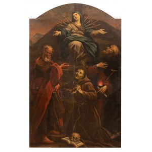 Pittore marchigiano del XVII secolo, Pala d'altare raffigurante la Madonna Addolorata con San Francesco d'Assisi, S. Antonio e San Bartolomeo