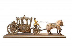 Luigi Fabris (Bassano del Grappa, 1883 - 1952), Duża polichromowana porcelanowa rzeźba przedstawiająca Damę w powozie, woźnicę i dwa konie.