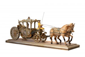 Luigi Fabris (Bassano del Grappa, 1883 - 1952), Duża polichromowana porcelanowa rzeźba przedstawiająca Damę w powozie, woźnicę i dwa konie.