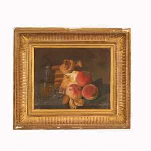 Nature morte avec bouteille, biscuits, pêches et mouche